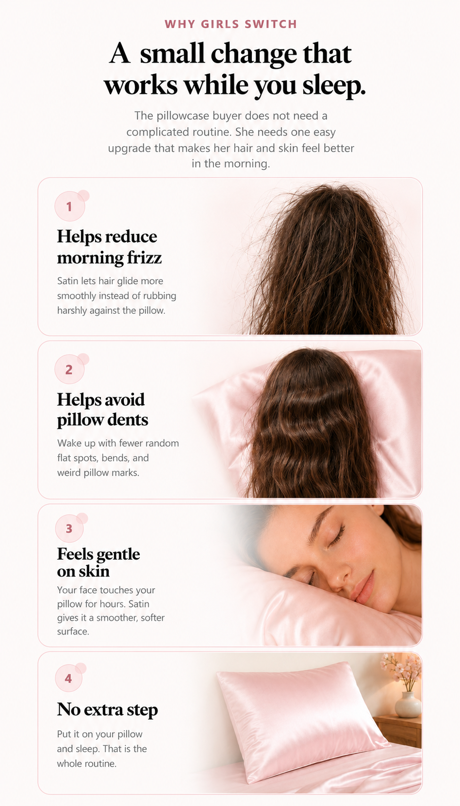 Why Girls Switch: A small change that works while you sleep.’ It shows four matching benefit cards about a satin pillowcase: 1) Helps reduce morning frizz, illustrated with frizzy brown hair; 2) Helps avoid pillow dents, illustrated with wavy hair resting on a pink satin pillow; 3) Feels gentle on skin, illustrated with a woman sleeping on a pink satin pillow; and 4) No extra step, illustrated with a pink satin pillow on a bed. The design uses soft blush tones, rounded cards, and elegant black typography.
