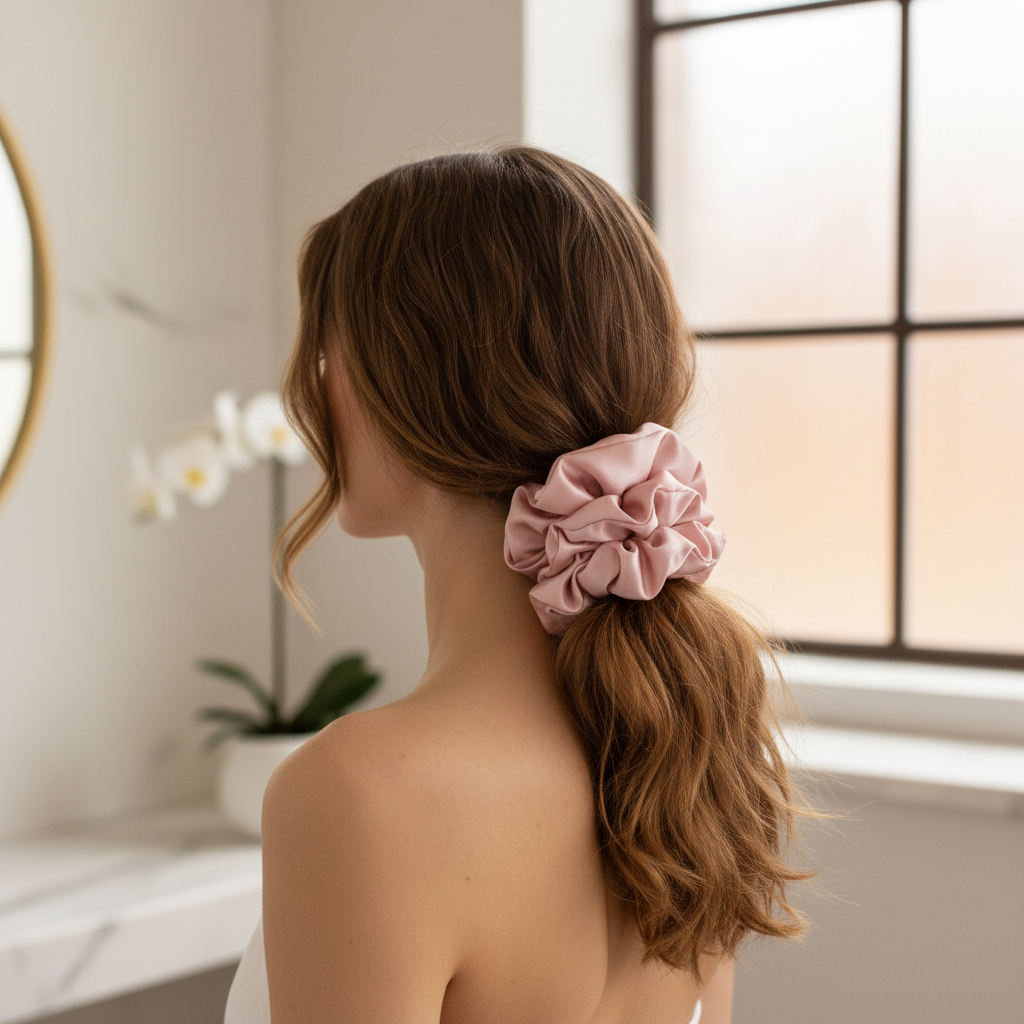 a woman showing the back of her 3/4 1:1 ratio square wearing the pink satin scrunchies